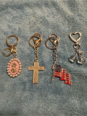 Fashion key chains 
Flag,cross,beauty cameo with pearls, white cherries